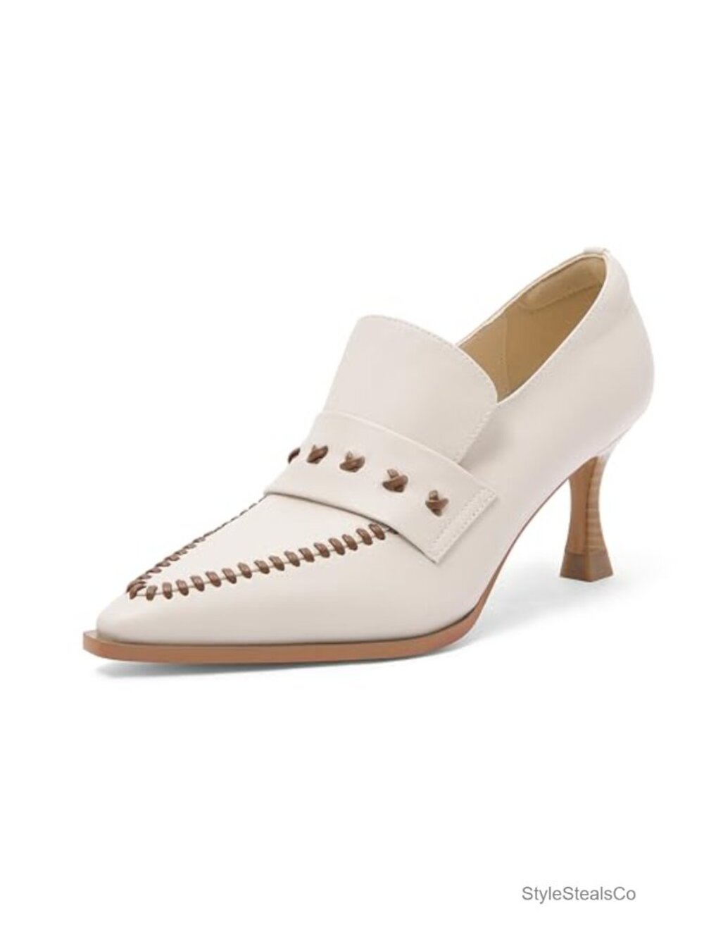 Faux Leather Pointed Toe Kitten Heel Pumps with Hand-Stitched Strap